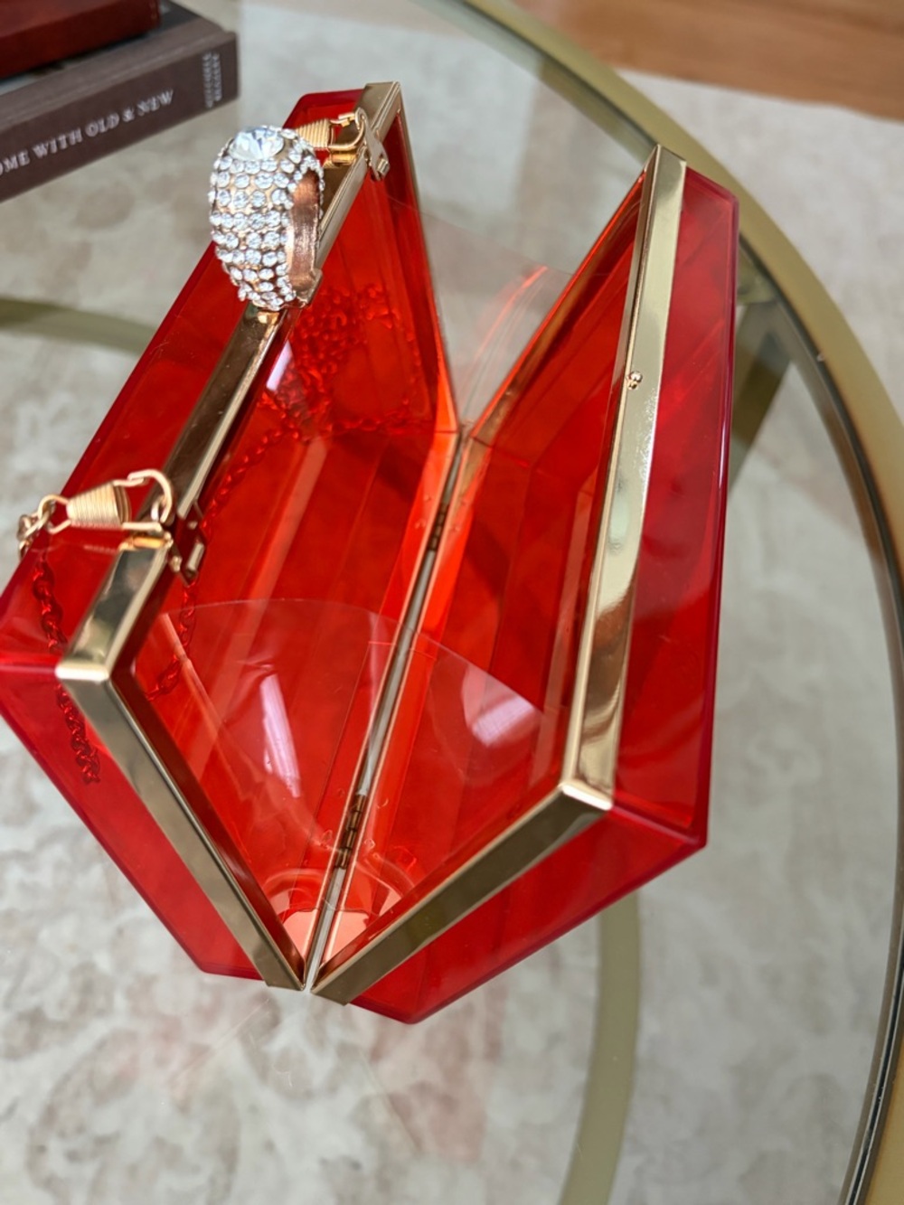 Red Acrylic Box Clutch Rhinestone Ring Clasp Gold Chain Evening Bag - Picture 9 of 14